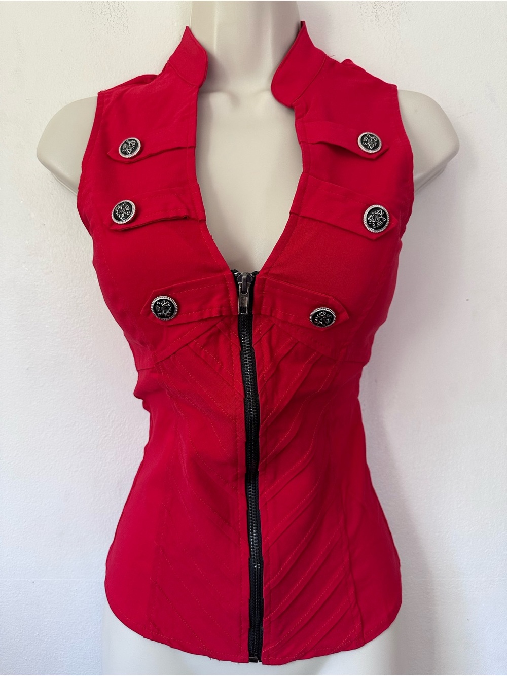 Red Sleeveless Zip Front Military-Inspired Top